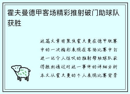 霍夫曼德甲客场精彩推射破门助球队获胜 霍夫曼德甲客场精彩推射破门助球队获胜